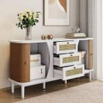 Buffet 140, 5x40x76cm avec 3 tiroirs 2 portes coulissantes, commode, meuble de cuisine, agglomr, blanc ...