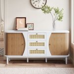Buffet 140cm, buffet en rotin avec 3 tiroirs et 2 portes coulissantes, commode de rangement, adapt pour ...