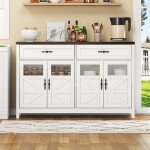 Buffet 140x39x90 cm, avec 2 tiroirs, 4 portes vitres, tagres ouvertes, plateau en bois, style maison ...