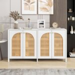 Buffet 145 cm, avec 4 portes en polyrotin, 4 �tag�res r�glables, meuble rangement en bois, poign�es en ...