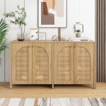 Buffet 145 cm, avec 4 portes en polyrotin, 4 �tag�res r�glables, meuble rangement en bois, poign�es en ...