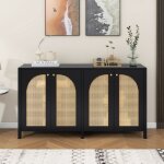 Buffet 145 cm, avec 4 portes en polyrotin, 4 �tag�res r�glables, meuble rangement en bois, poign�es en ...