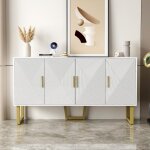 Buffet 150 cm, rectangulaire, avec 4 portes de rangement, design � rayures, pieds en m�tal, �tag�res, ...