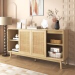 Buffet 155x38x80cm avec 2 tiroirs et 3 portes coulissantes, commode, meuble polyvalent, bois et mdf, ...