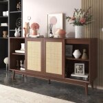 Buffet 155x38x80cm avec 2 tiroirs et 3 portes coulissantes, commode, meuble polyvalent, bois et mdf, ...