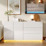 Buffet 160 cm, avec 2 portes et 3 tiroirs, surface laqu�e haute brillance et �clairage led, meuble de ...