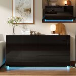 Buffet 160 cm, avec 2 portes et 3 tiroirs, surface laqu�e haute brillance et �clairage led, meuble de ...