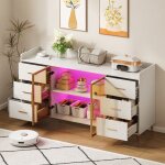 Buffet 160 cm avec 6 tiroirs, 2 portes en verre et clairage led tlcommand, style moderne , pour cuisine, ...