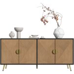 Buffet 160cm 4 portes - poign�es dor�es bross�es - pieds brillants - �l�gant et fonctionnel noir&bois ...