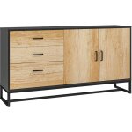 Buffet 2 portes étagère 3 tiroirs poignées alu piètement acier noir effet bois Buffet 2 portes étagère 3 tiroirs poignées alu piètement acier noir effet bois