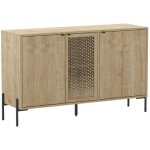 Buffet 3 portes en m�lamin� imitation bois clair avec 1 porte sculpt�e pi�tement m�tal noir - melissa ...