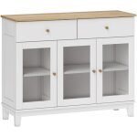 Buffet 3 portes vitres nervures 2 tagres 2 tiroirs poignes mtal dor blanc effet bois clair