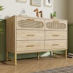 Buffet 6 tiroirs, armoire en rotin, poignes en mtal, commode style rustique pour salon / chambre, anti ...