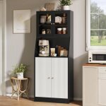 Buffet 70x40x180 cm, meuble pour cuisine avec 2 portes pleines et 2 portes vitr�es, �tag�res r�glables, ...