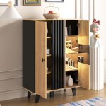 Buffet 80x40x120cm avec 2 portes, vitrine, meuble de cuisine, led, aggloméré, noir + naturel Buffet 80x40x120cm avec 2 portes, vitrine, meuble de cuisine, led, aggloméré, noir + naturel