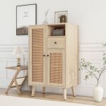 Buffet d'angle bois 60x40x101 cm - 2 portes rotin + tiroir - meuble sur pied rangement salon / salle ...