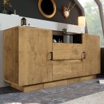 Buffet aspect chne commode avec 2 tiroirs + 2 portes + compartiment ouvert, enfilade en verre tremp ...
