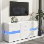 Buffet bahut 2 portes et 4 tiroirs blanc - laqu brillant mat - led - armoire de rangement 140 cm - contempora ...