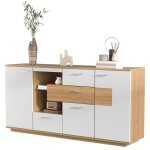 Buffet bahut - armoire de salon moderne - avec �clairage led - 2 portes 4 tiroirs - �tag�re en verre ...