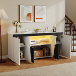 Buffet bas 140�40�65 cm, meuble de rangement 3 compartiments 4 portes, led pilotable par app, panneaux ...