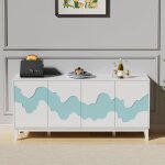 Buffet bas  4 portes 160cm, armoire de rangement, vaisselier en bois, motif vague irrgulire, tagre ...