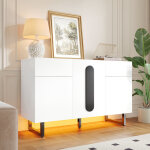 Buffet bas blanc led 120cm, meuble salle � manger moderne avec �tag�res r�glables, 2 tiroirs de rangement, ...