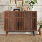 Buffet bas en bois massif 100x35x80 cm, avec tiroirs et portes, design pratique, finition noyer naturel, ...