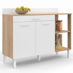 Buffet bas de cuisine 120 cm cina plan de travail h. 83 cm 2 portes + tiroir façon hêtre et blanc Buffet bas de cuisine 120 cm cina plan de travail h. 83 cm 2 portes + tiroir façon hêtre et blanc