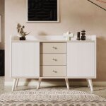 Buffet bas meuble de rangement avec 3 tiroirs et 2 portes coulissantes, pour chambre et salon, bois blanc ...