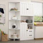 Buffet blanc 2 tiroirs 3 portes avec rangement ouvert, vitrine, meuble haut pour salon et cuisine, 104x35x155 ...