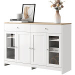 Buffet blanc et bois 120�37�80 cm ? 4 portes et 2 tiroirs avec portes vitr�es ? meuble de rangement pour ...
