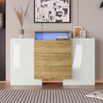 Buffet blanc brillant et bois, commode moderne avec �clairage led, 3 tiroirs + 2 portes, 140x30x77. 5cm ...