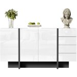 Buffet blanc brillant, armoire de rangement avec 2 portes et 4 tiroirs, facile � nettoyer, pour salon, ...