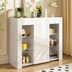 Buffet blanc lgante avec faade brillante, etagres en verre et 1 porte, pour salon, salle  manger, ...