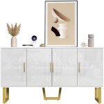 Buffet blanc de luxe moderne de 150 cm avec portes textur�es brillantes et poign�es dor�es, design � ...