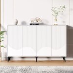 Buffet blanc moderne multifonctionnel, etagres rglables 4 portes, buffet haut avec pieds en mtal noir, ...