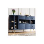 Wishdor - buffet bleu avec porte coulissante en verre, clairage led, 2 tiroirs et 5 rangements ouverts, ...