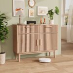 Buffet bois 100x35x80 cm, avec 2 tiroirs et 2 portes d'armoire, poign�es en bois, style scandinave, couleur ...