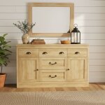 Buffet en bois, avec 2 portes et 5 tiroirs de rangement, �tag�re, poign�es m�talliques couleur cuivre, ...