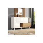 Buffet en bois naturel blanc brillant, buffet de cuisine avec 2 tiroirs et 2 portes, panneau de particules, ...