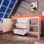 Buffet brillant 140 x 39 x 81 cm avec 2 portes et 3 tiroirs de rangement, led, bois et mdf, blanc et ...