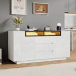 Buffet brillant 140x60x48 cm - 2 portes et 3 tiroirs - avec led - �tag�res r�glables - blanc + noir