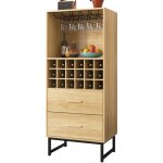 Okwish - cave  vin avec deux tiroirs, porte - verres et pieds en mtal noir mat, 60x40x141 cm