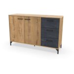 Buffet commode meuble de rangement coloris ch�ne dor� / effet marbre noir - longueur 135 x profondeur ...