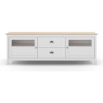Buffet, commode de rangement avec 2 tiroirs et 2 portes en pin coloris blanc, ch�ne - longueur 180 x ...