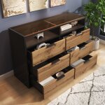Okwish - commode marron avec plateau en verre ambr  6 tiroirs, armoire / buffet de rangement, 120x40x76 ...