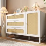 Buffet de cuisine 1 porte 3 tiroirs, commode, meuble de rangement d'entr�e de salon, rotin tress�, 120x85x40 ...