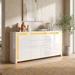 Buffet cuisine 160 cm avec led, 4 portes, 2 tiroirs, laqu� haute brillancem grand meuble rangement, commode ...