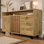 Buffet de cuisine 3 tiroirs 2 portes avec niche ouverte, meuble de rangement fa�ade lamell�e, mdf ch�ne, ...