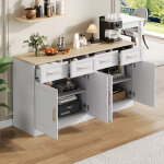 Buffet de cuisine blanc, 4 portes 4 tiroirs, �tag�res r�glables, avec poign�es dor�es, meuble de rangement ...